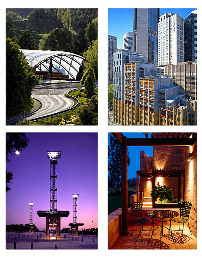 Top left: a winding road through lush green trees with a modern arched bridge. Top right: tall skyscrapers in a cityscape with blue sky. Bottom left: illuminated art installation or sculptures at twilight. Bottom right: cozy outdoor patio with table and chairs at night, warm lighting, and stone walls.