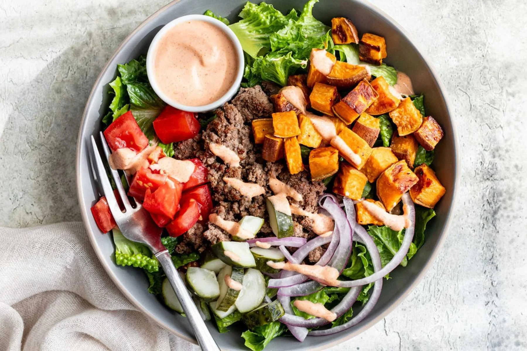 Ground Beef Burger Bowls with Healthy Homemade Sauce