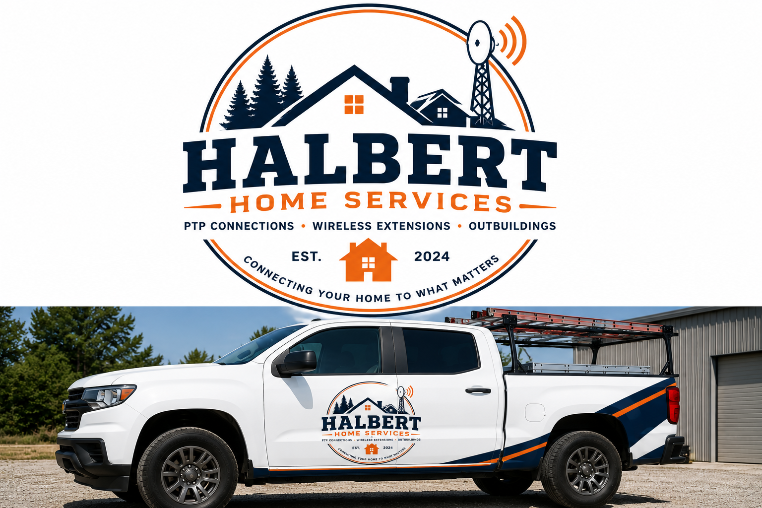 Logo for Halbert Home Services with pine trees, a house, and a communication tower, and a white service truck with the same logo parked outside a building.