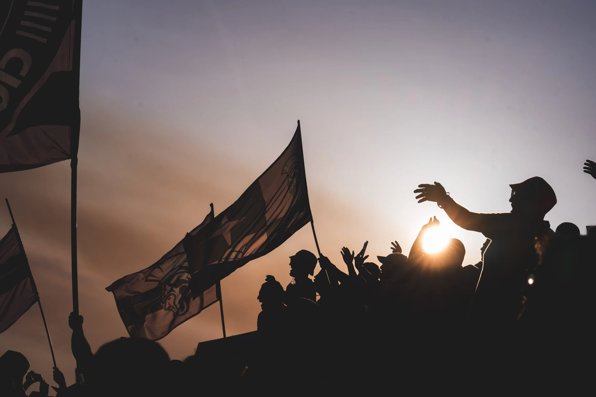 Silhouette of people at a rally or protest with flags, one person raising their hand, against a setting sun in the background.