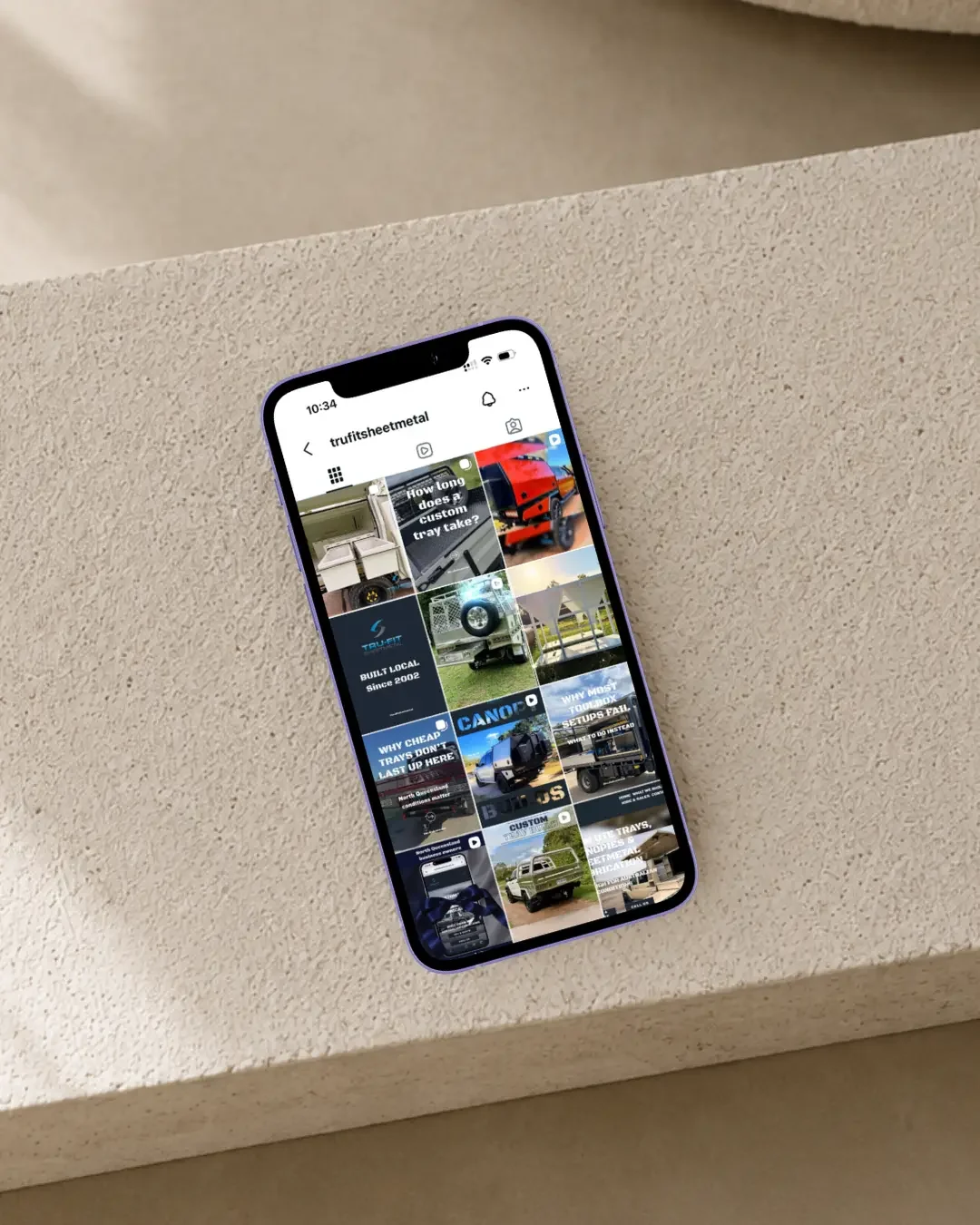 Trufit Sheetmetal Instagram feed showing custom fabrication projects and branded social media content for Townsville