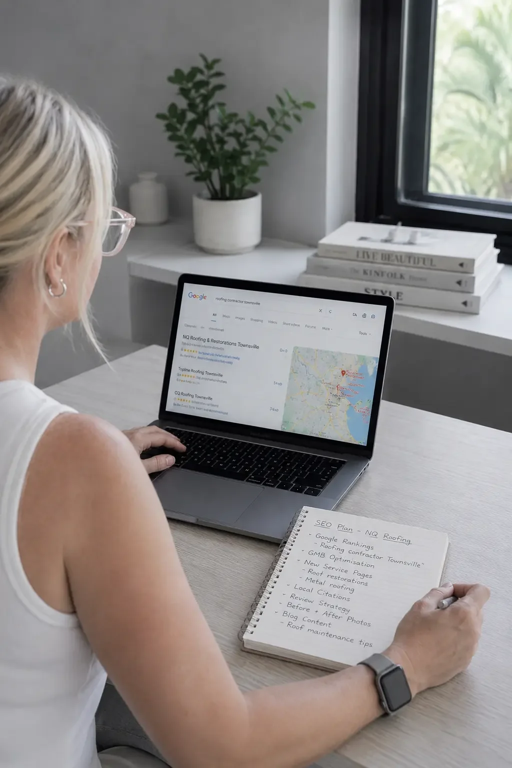 Google Business Profile optimisation and local SEO strategy for Townsville roofing business displayed on laptop search results