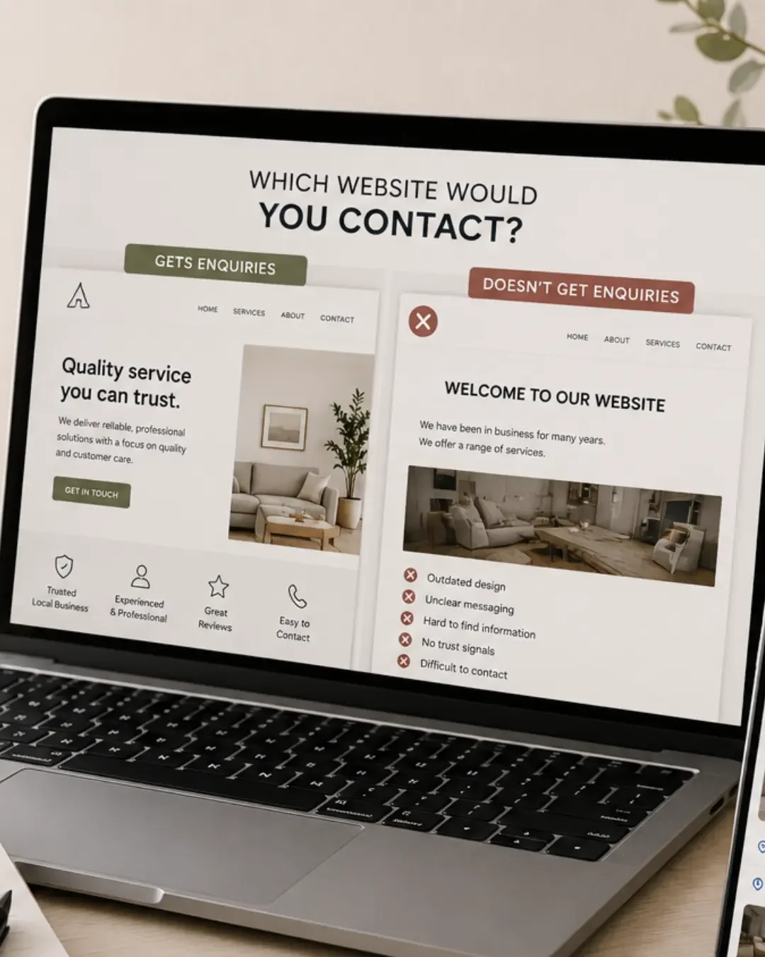 Business owner comparing two websites to understand why one generates more enquiries than the other.