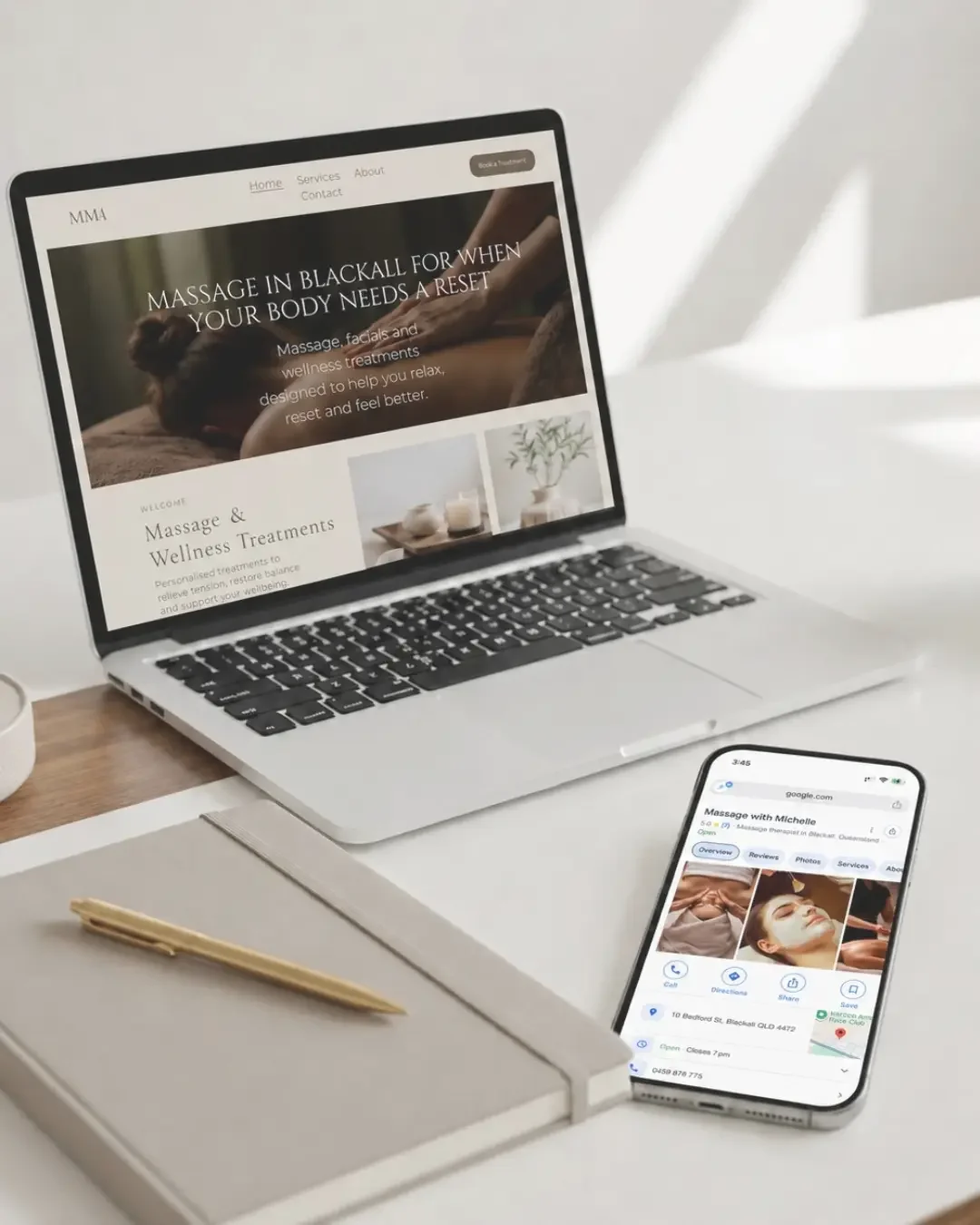 Website design, Google Business Profile optimisation and social media management displayed across devices for Townsville service businesses