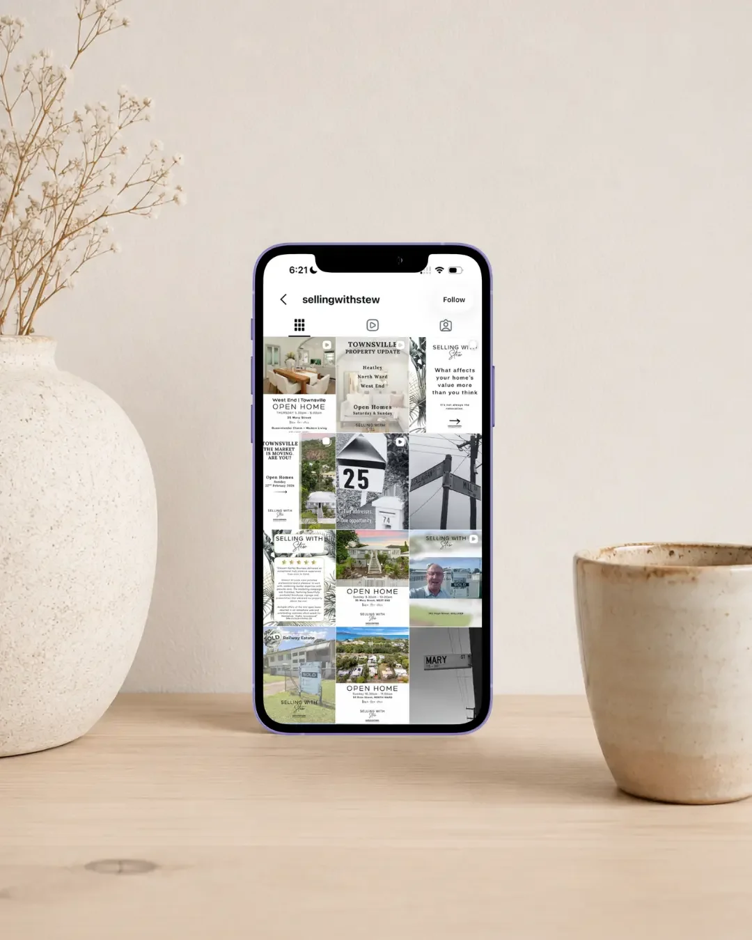 Selling With Stew Instagram feed showing branded real estate social media content for Townsville