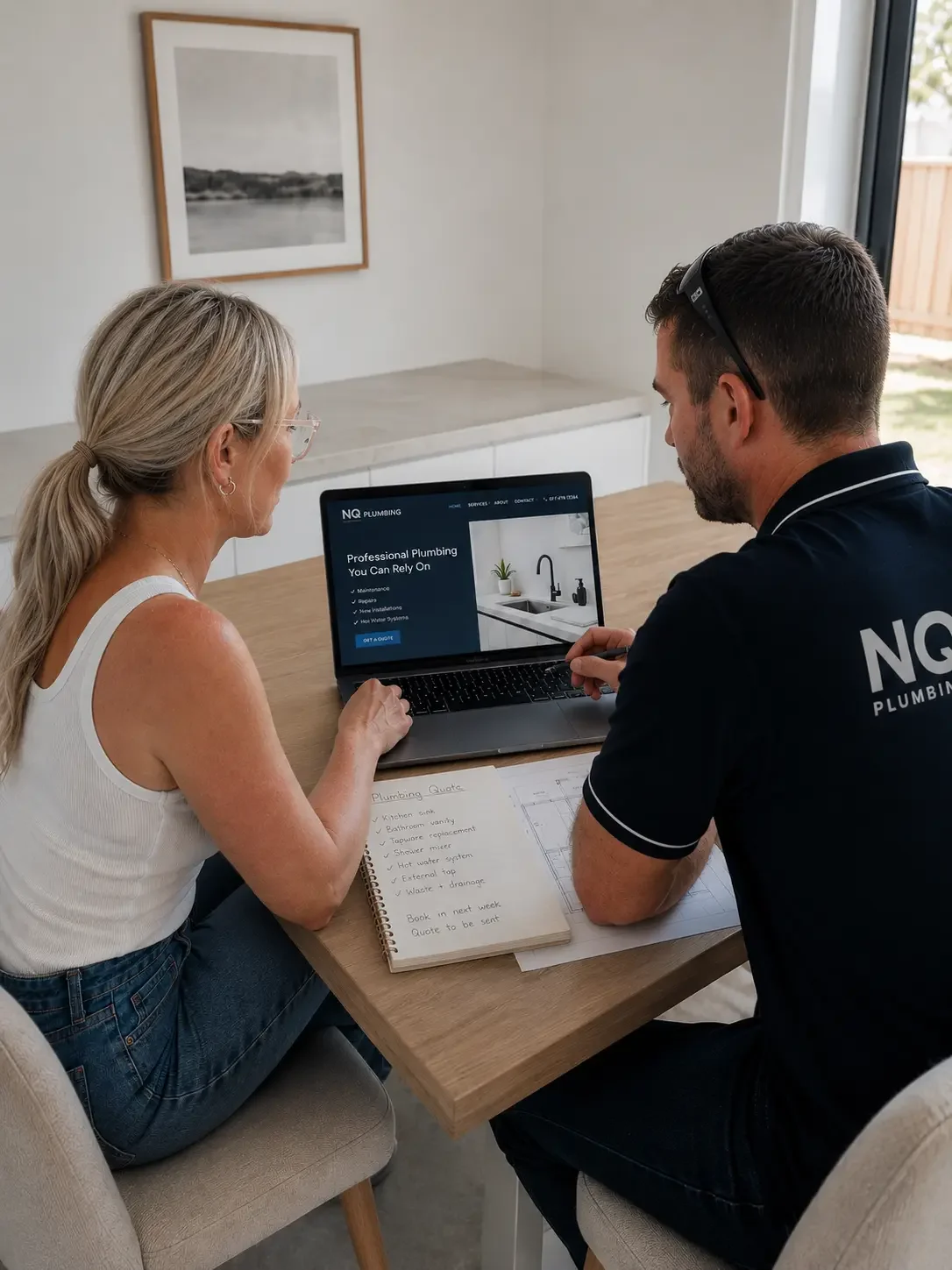 Website design and digital marketing consultation for tradie businesses in Townsville, showing plumber reviewing a custom business website with local marketing strategist