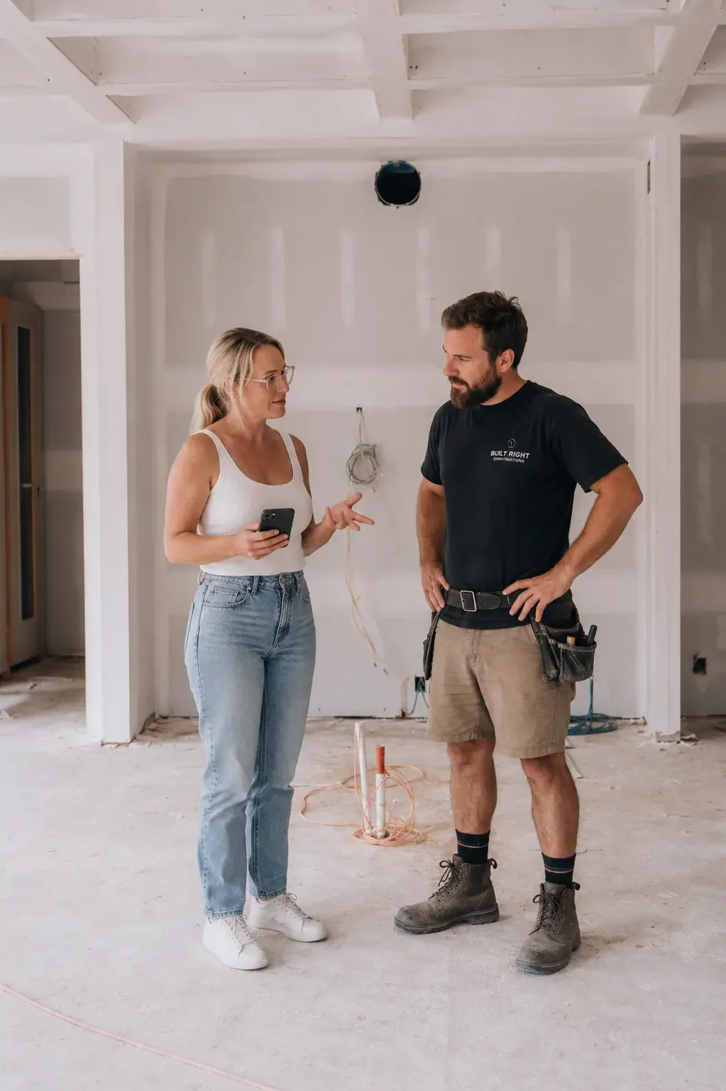 Marketing consultant meeting with local builder on a residential construction site to discuss website design, social media and digital marketing for tradie businesses in Townsville