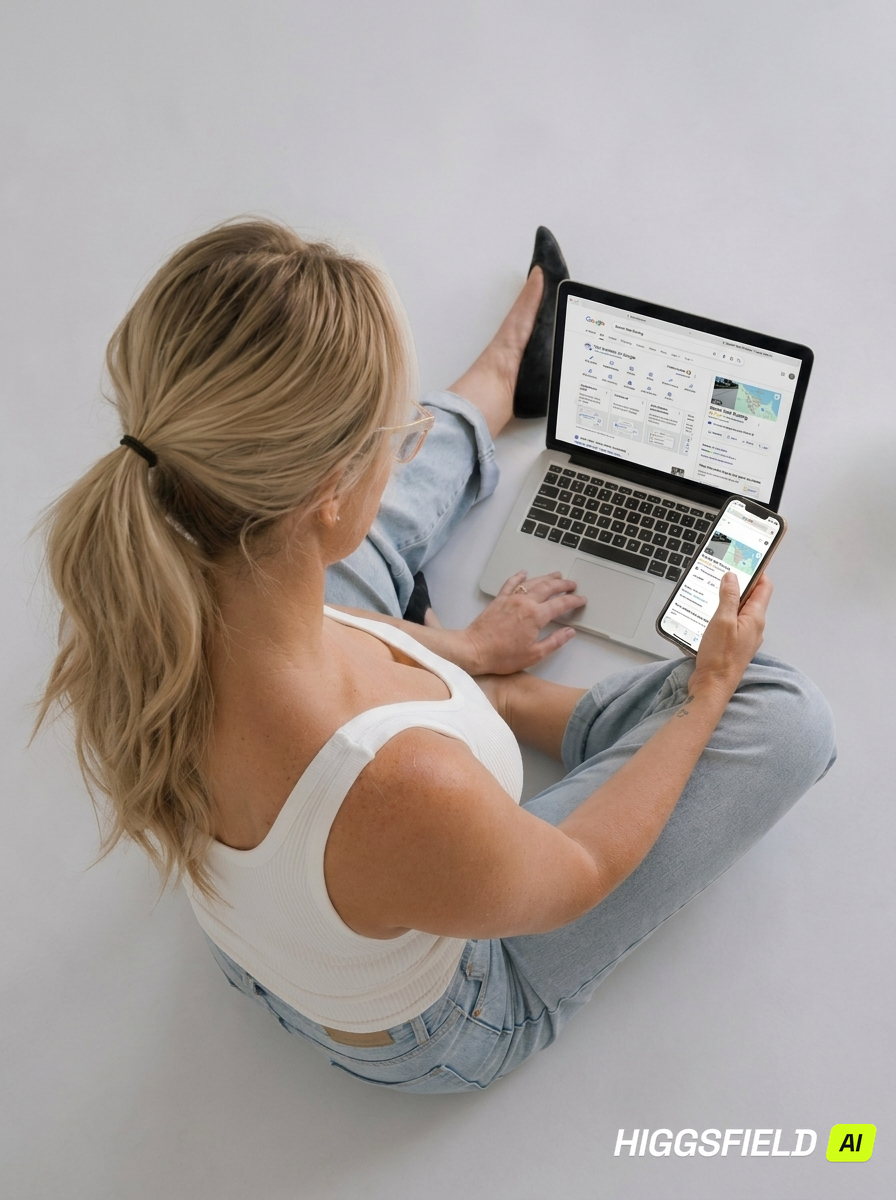 Business owner searching Google on a laptop to understand why their Townsville business is not appearing in local search results.