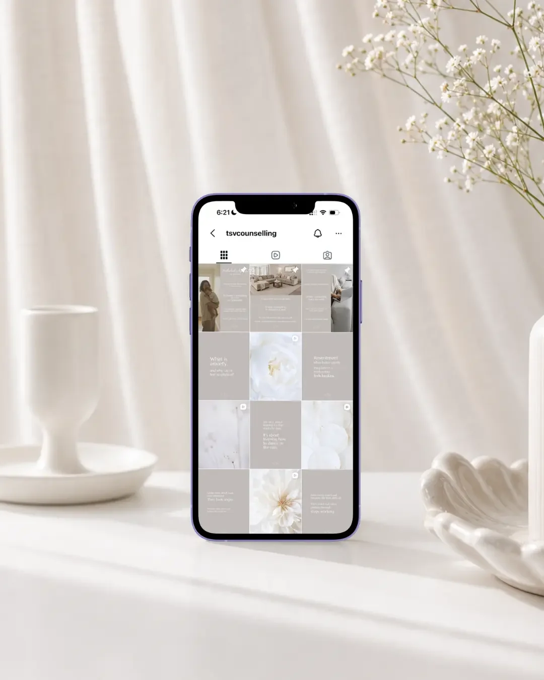 Townsville Counselling and Wellness Instagram feed showing branded counselling and wellbeing social media content