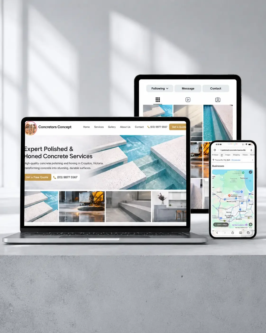 Website design, Google Business Profile optimisation and social media management displayed across devices for Townsville service businesses