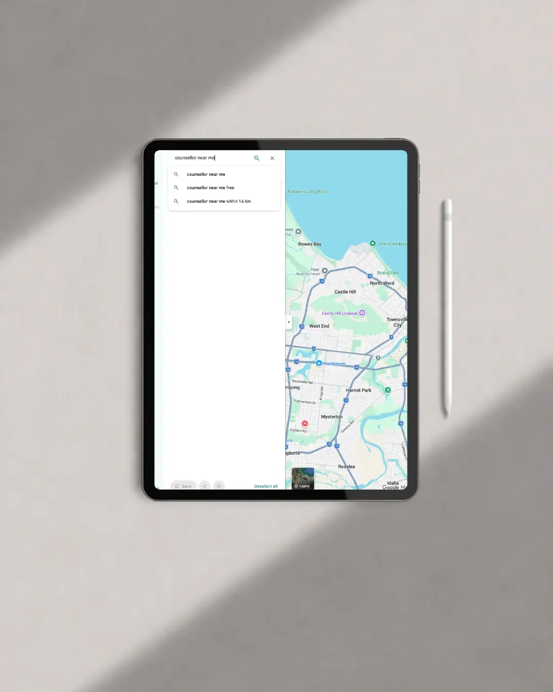 Google Maps search for ‘counsellor near me’ in Townsville displayed on tablet, showing local Google Business Profile visibility