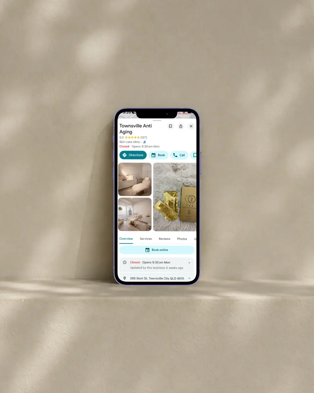 Townsville Anti-Aging Google Business Profile showing the local skin clinic listing, photos and booking information
