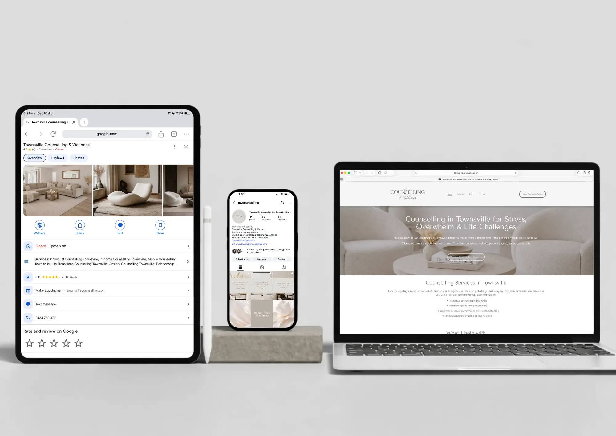 Google listing, website and social media example for a Townsville business online presence