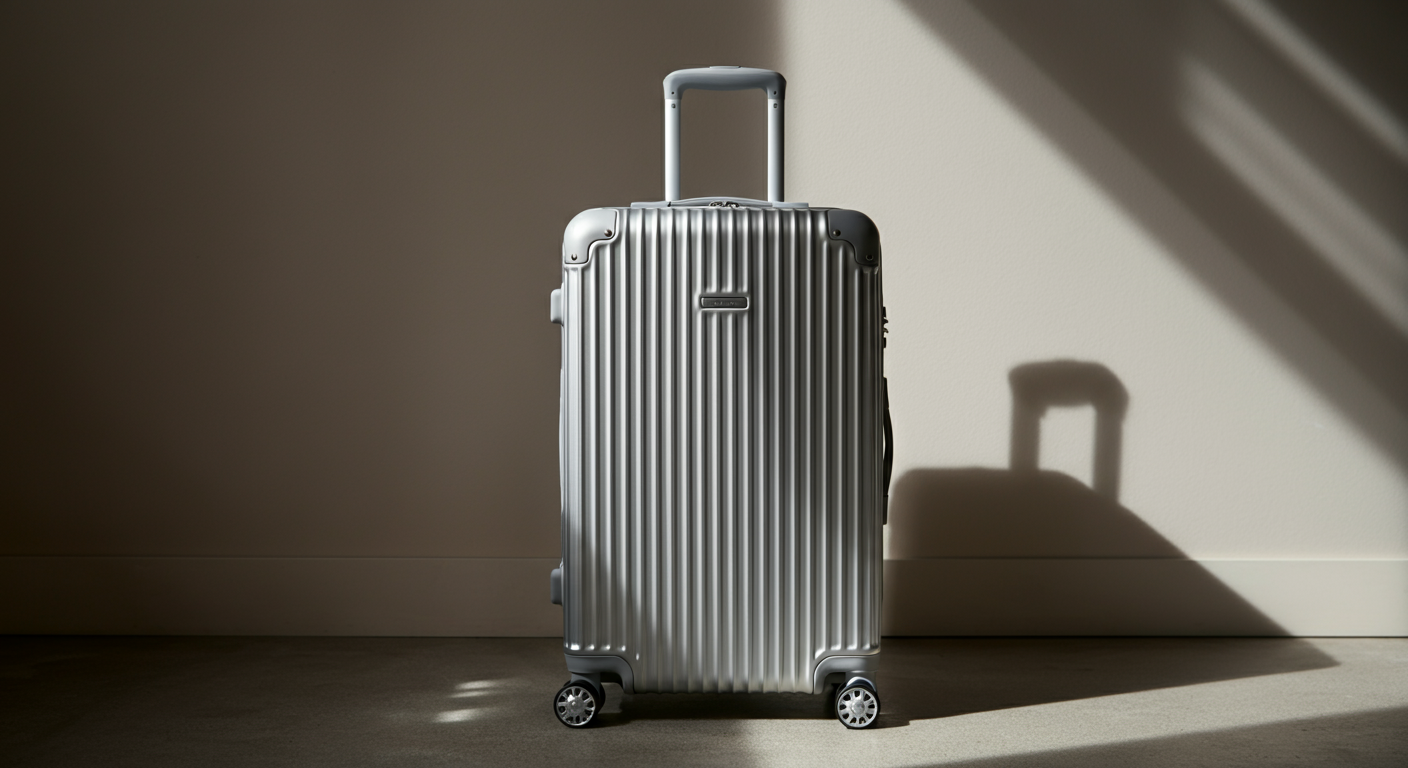 A silver hard-shell suitcase with vertical ridges, situated on a beige carpeted floor beside a white wall, casting a shadow in the sunlight.
