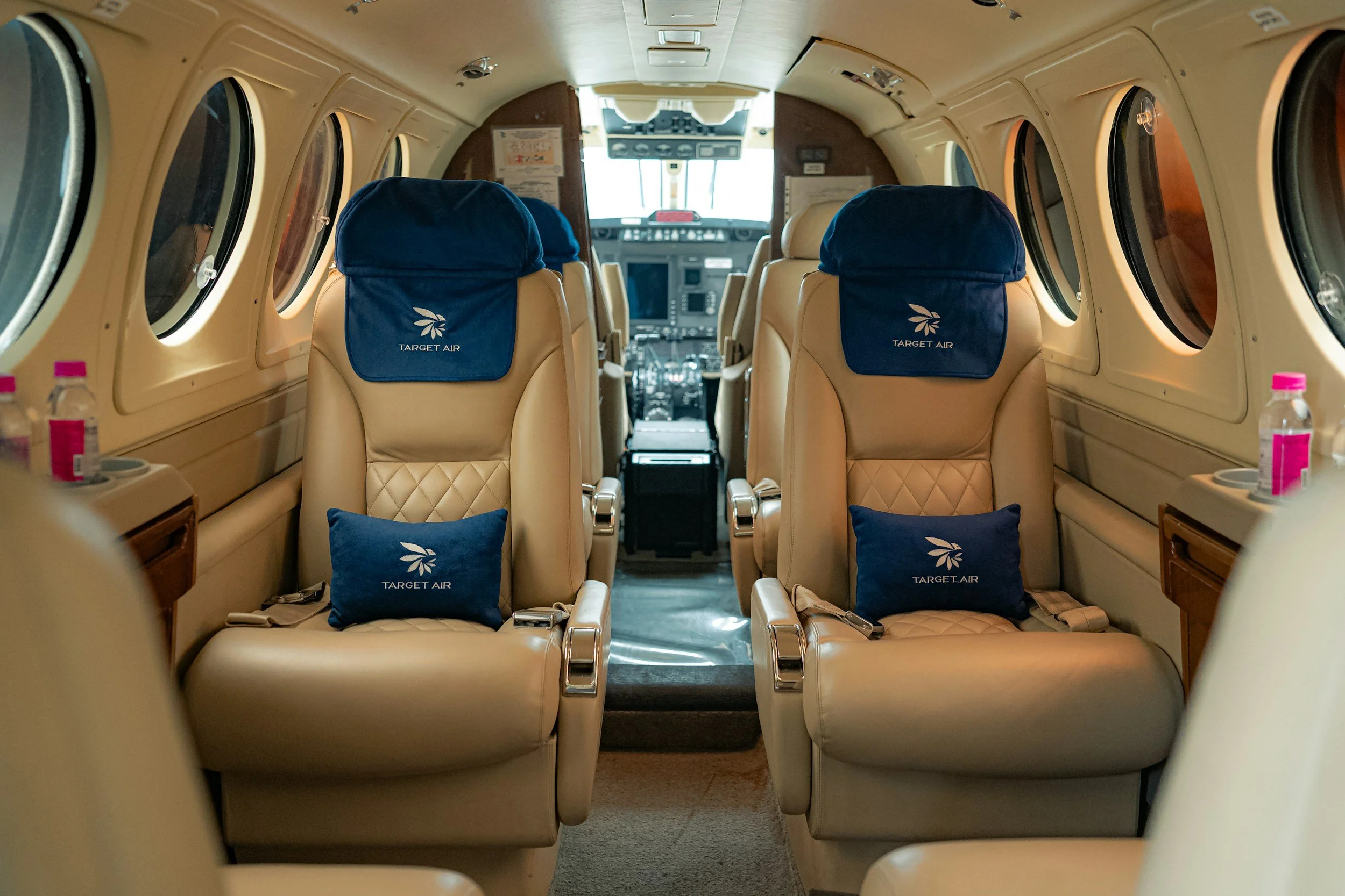 Luxurious Target Air private jet cabin interior featuring premium leather seats and oval windows, representing exclusive private charter travel arranged by Carte Blanche Advisors