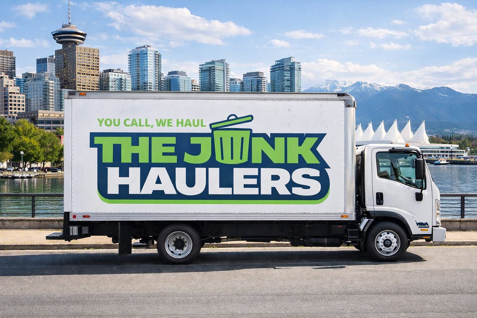 A moving truck with a logo that reads "You Call, We Haul THE JUNK HAULERS" parked along a city waterfront, with tall buildings and mountains in the background.