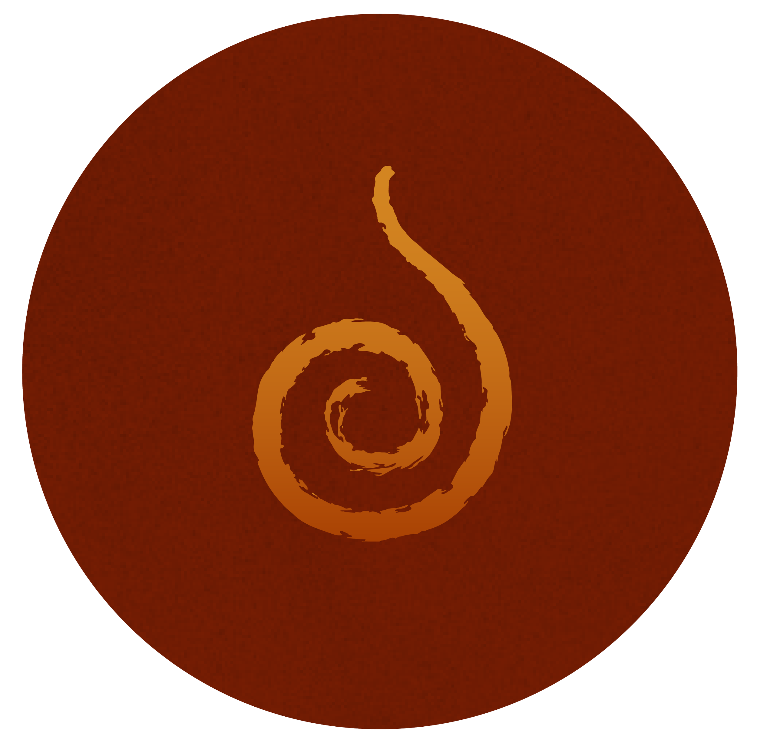 A stylized spiral design on a dark red/brown background.