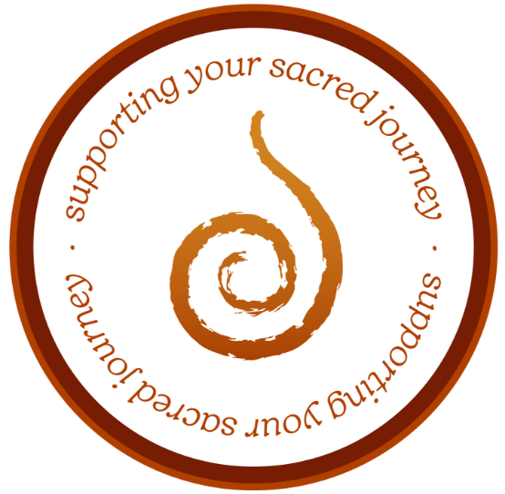 A circular logo with an orange spiral in the center and orange text around it that says 'Supporting your sacred journey'.