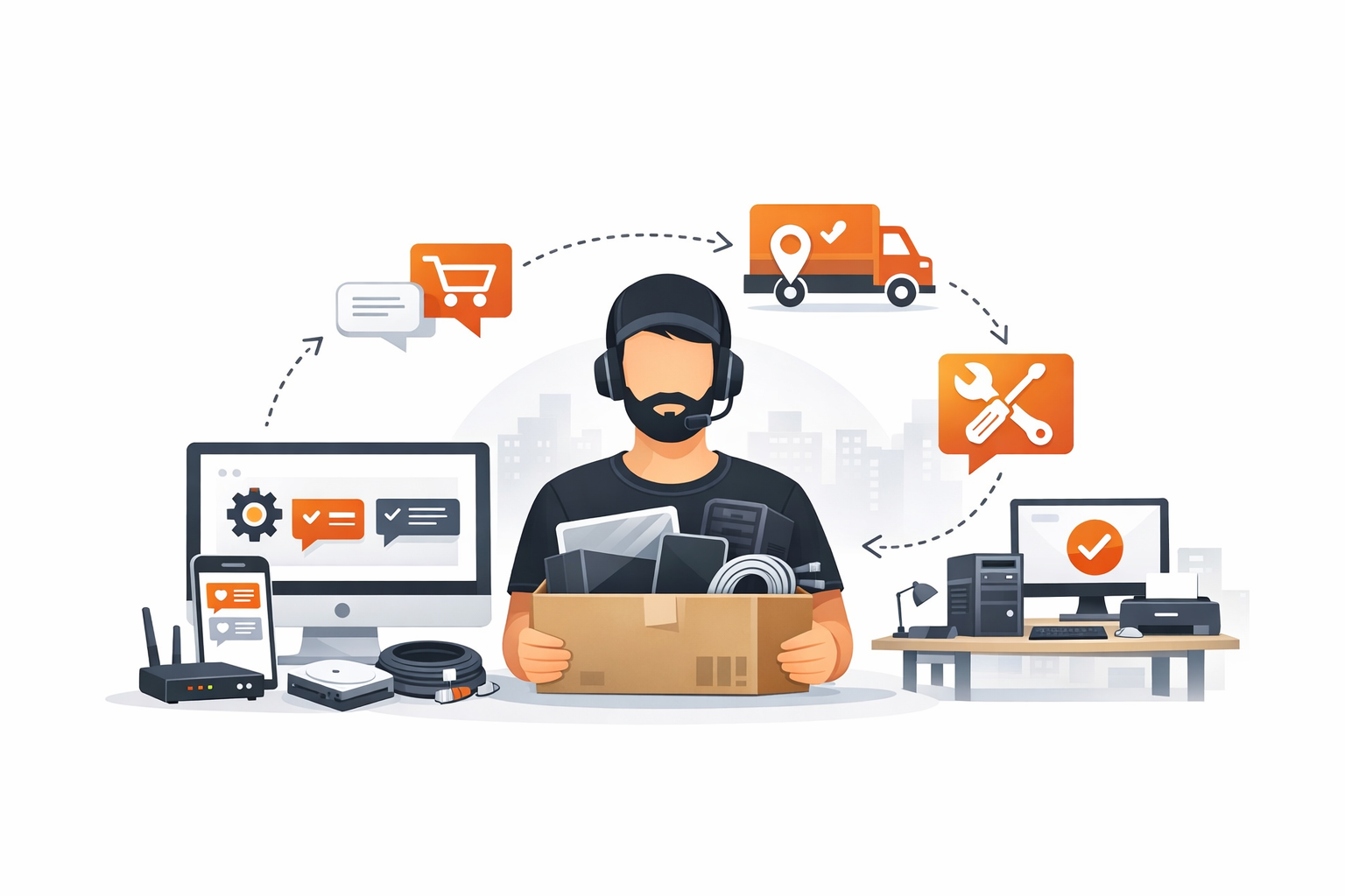 A man wearing a headset and holding a box filled with electronic items in an office environment, with computers, monitors, and various tech equipment around him, representing a customer service or technical support setting.