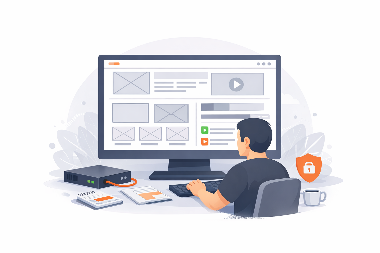 A man working at a computer, designing or managing a website with various content blocks, video icons, and security shields around.