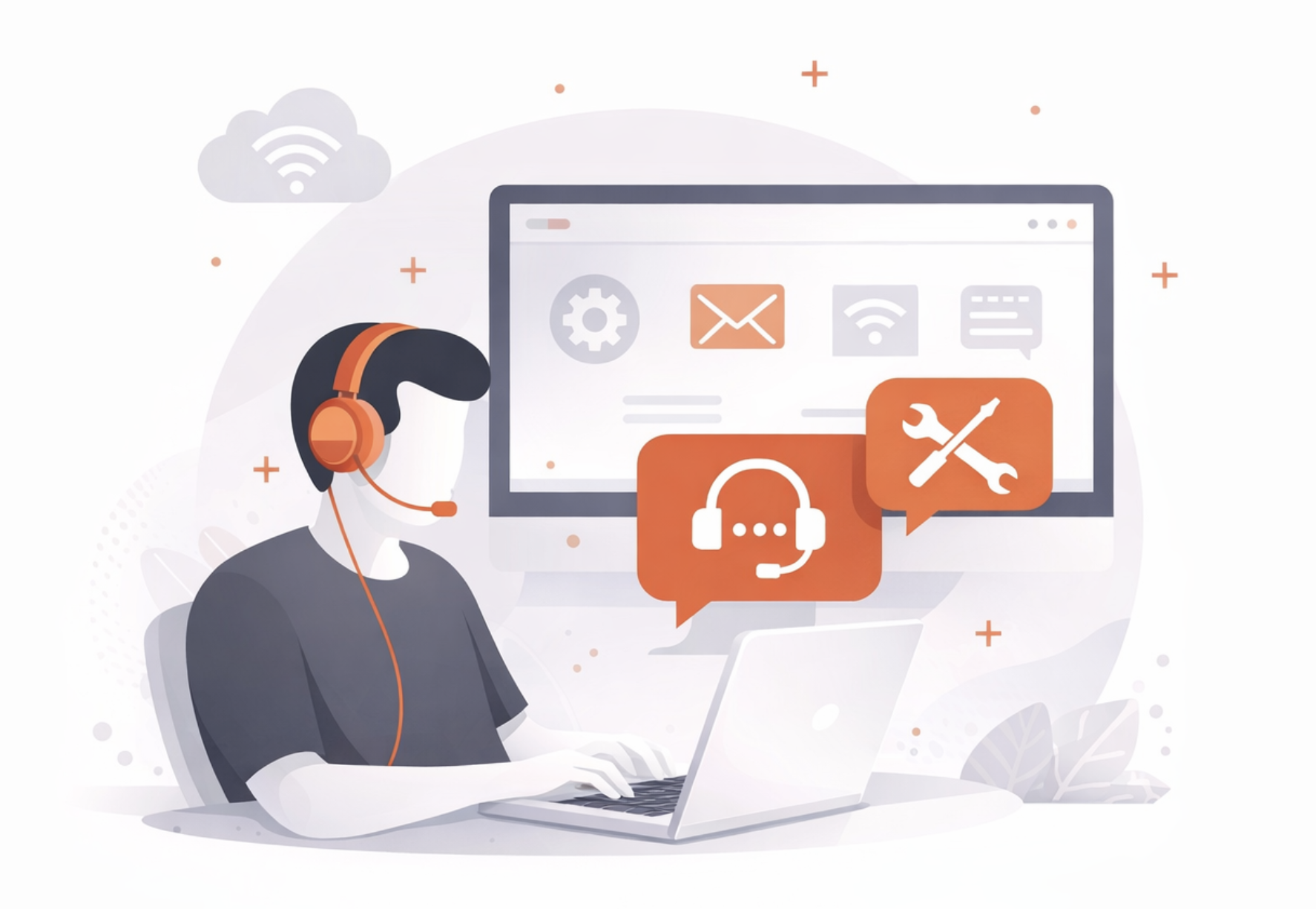 Illustration of a person wearing a headset working on a laptop, with a large monitor displaying a web interface with icons for settings, email, Wi-Fi, and chat; speech bubbles with support and tools icons in front of the person, and a cloud with Wi-Fi signal in the background.