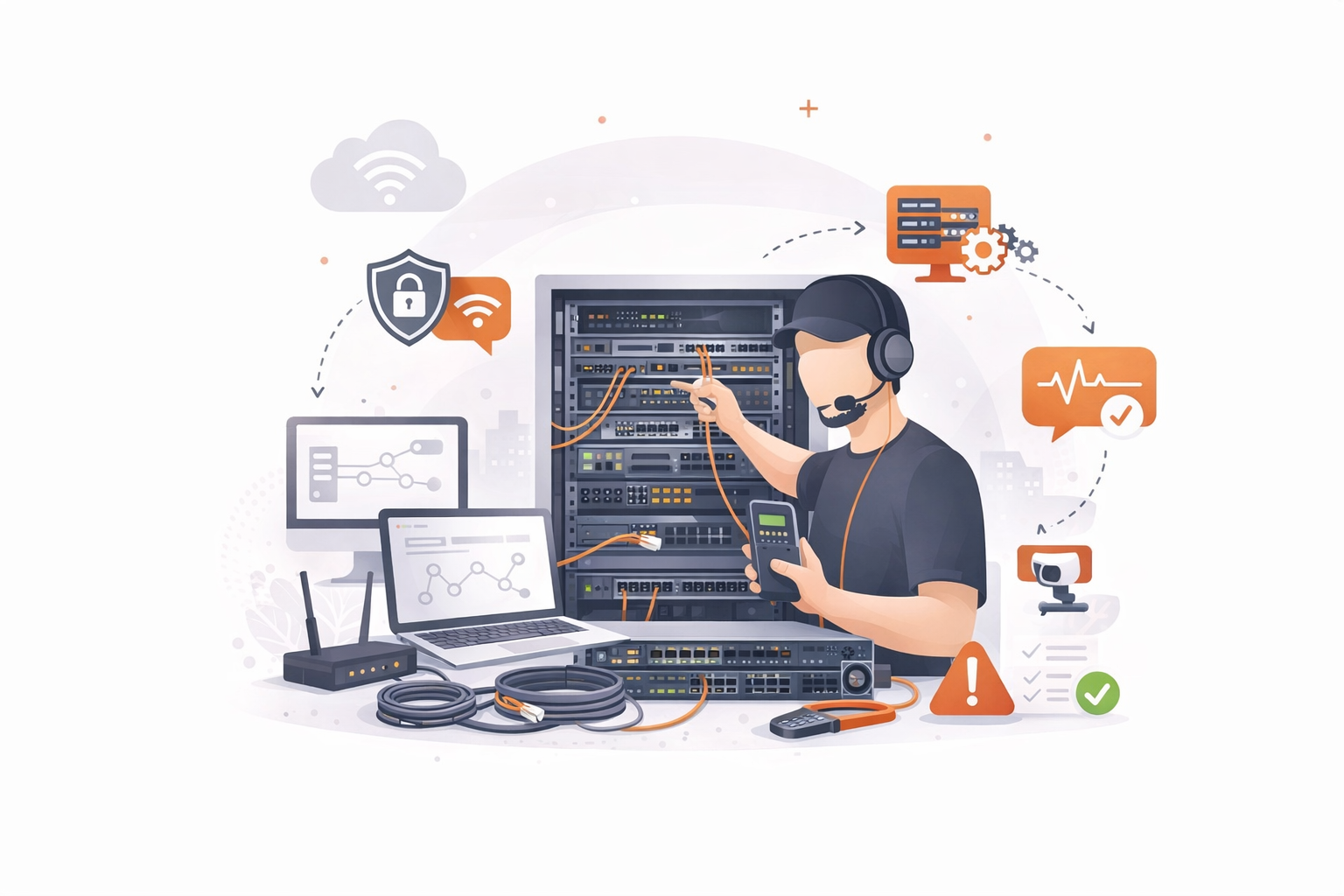 Technician manages network servers using a tablet, surrounded by computers and network equipment, with icons representing security, connectivity, diagnostics, and monitoring.