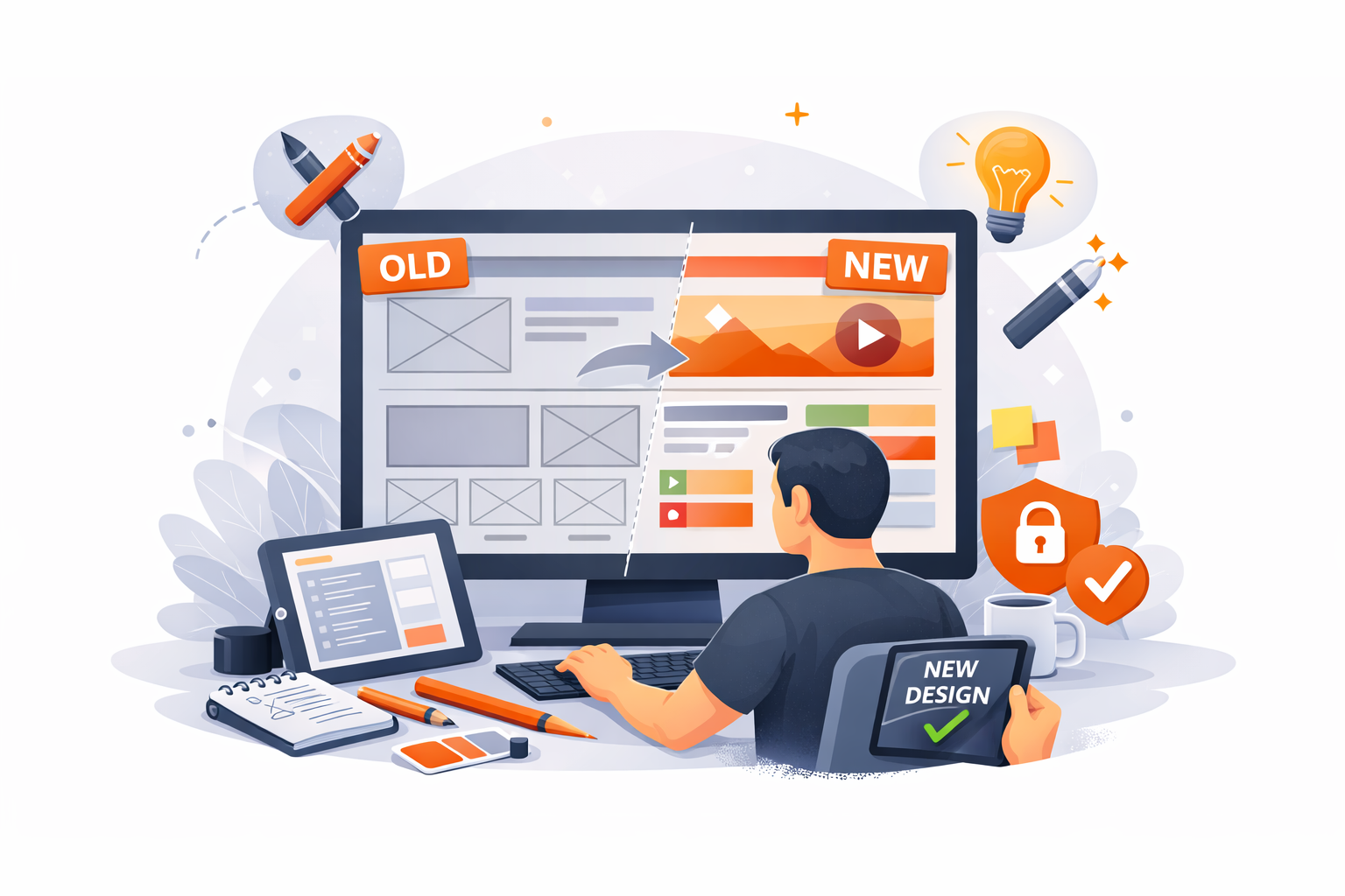 A person working on a computer redesigning a webpage, with tools, a notebook, and a tablet on the desk, illustrating website update process from old to new design.