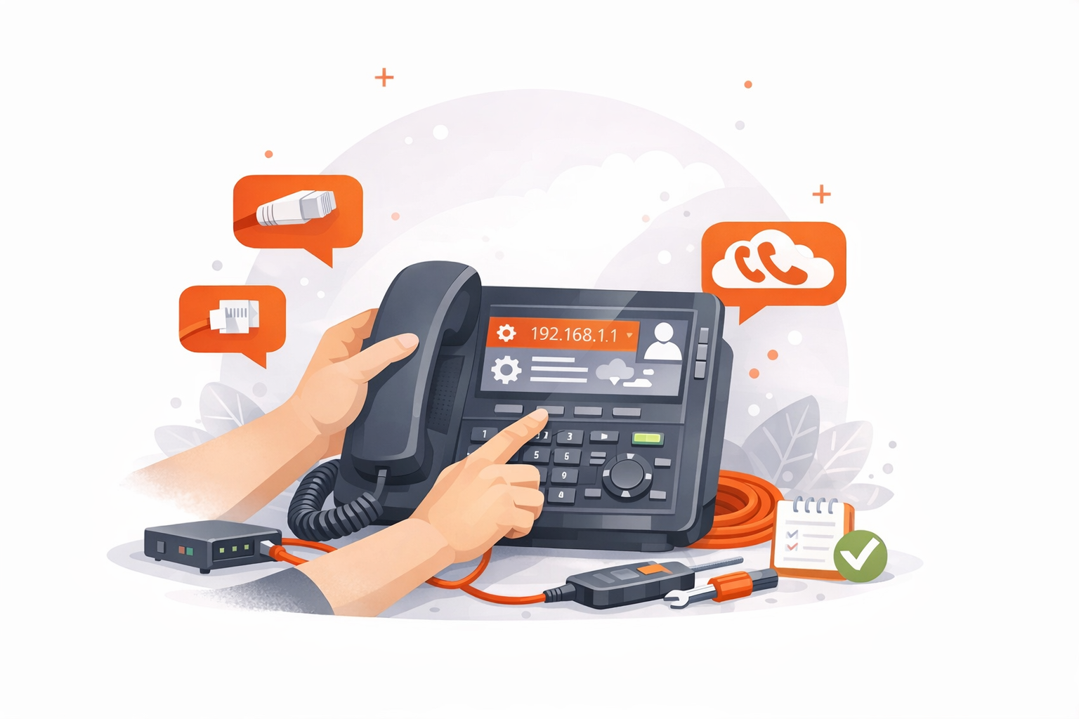 Illustration of a person using a landline phone with an office phone on a desk, surrounded by communication icons like a cloud with phone symbols, a chat bubble, and an Ethernet connector, along with a checklist and networking equipment.