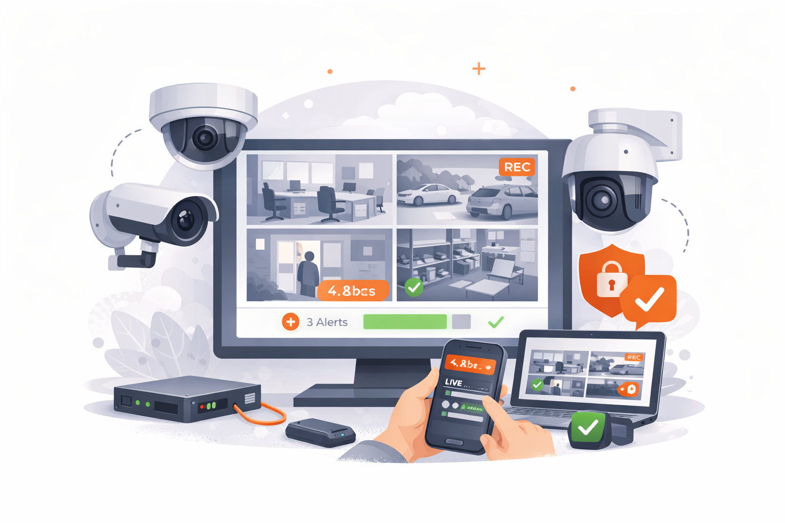 A digital illustration showing security cameras monitoring a building's interior and exterior, with a computer, tablet, and smartphone displaying video feeds and alerts for surveillance systems.