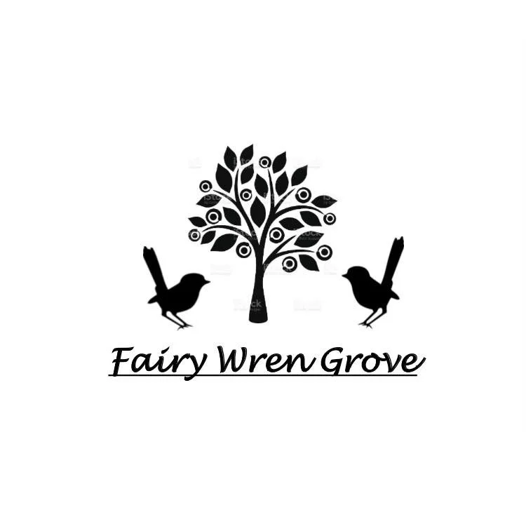 Silhouette of a tree with round ornaments and two small birds on either side, with the text "Fairy Wren Grove" underneath.