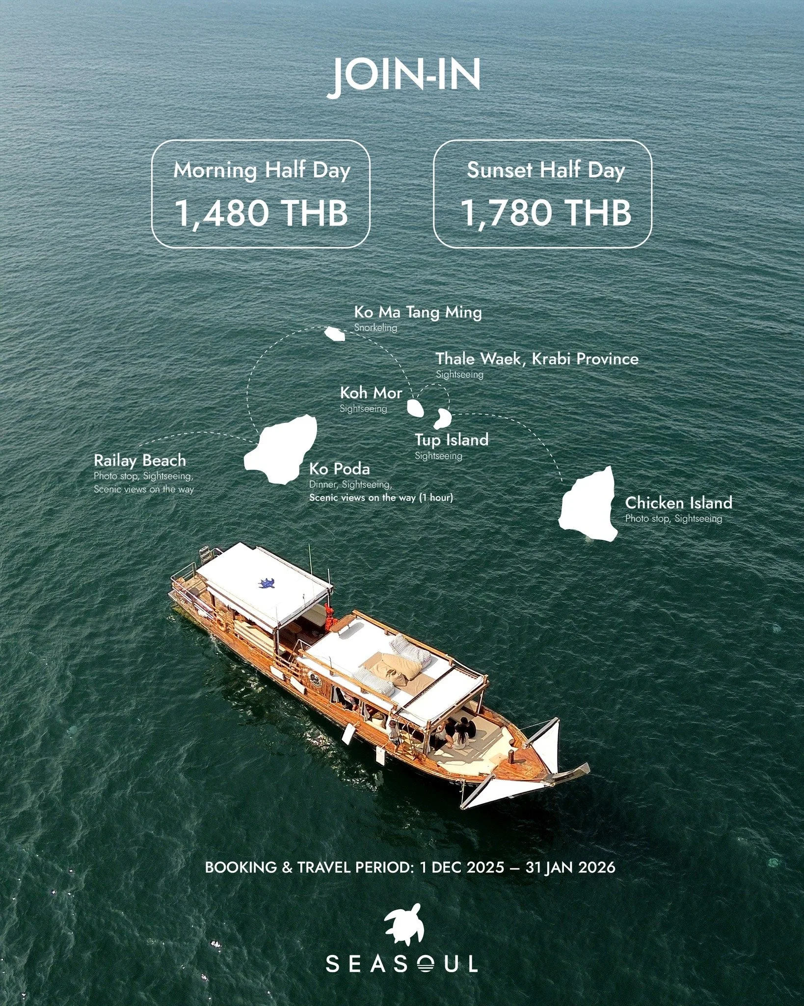 When the month feels heavy,
it&rsquo;s time to slow down and recharge with Seasoul. 🌊✨

🏝️ ทริป 7 เกาะกระบี่ (รอบเช้า) แบบจอยอิน: เพียง 1,480 บาท/ท่าน
🏝️ Krabi 7-Islands Morning Join-In: 1,480.- per person

🏝️ ทริป 7 เกาะกระบี่ (รอบพระอาทิตย์ตก) 