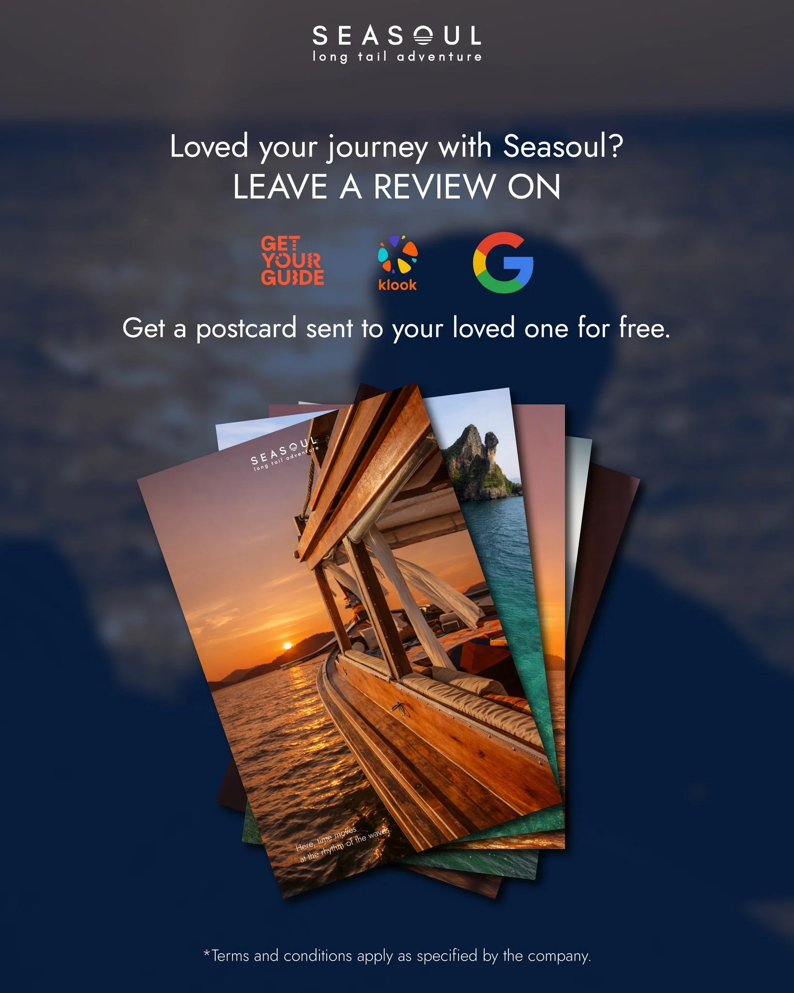 Had a good time with Seasoul? 🩵🚤 

Drop us a review on GetYourGuide, Klook, or Google
and receive a free postcard to give to someone special! 💌

Because the best travel memories are meant to be shared. 🌅

*Limited to one postcard per person. 🌄

