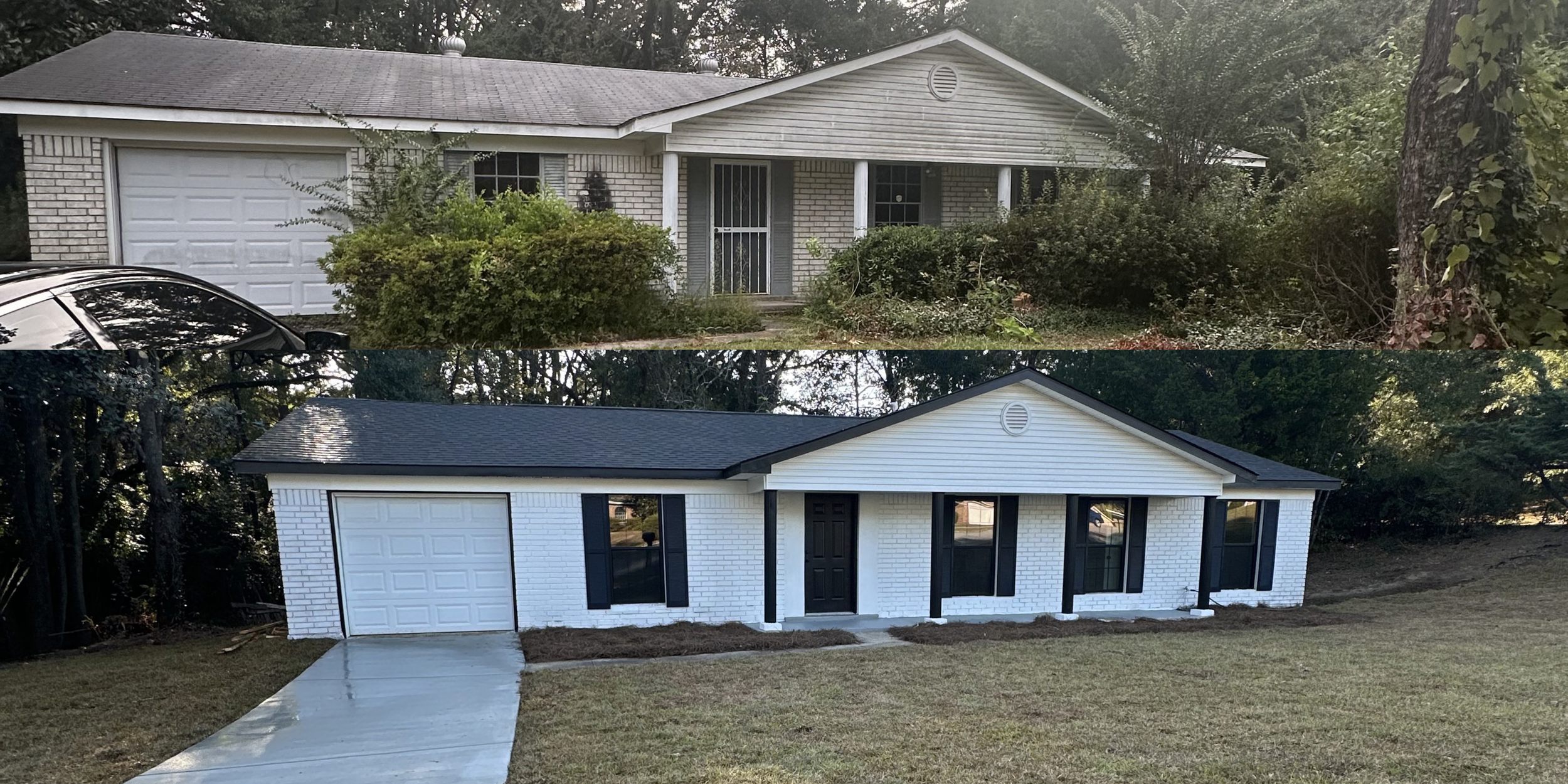 Before and after images of a house. The top image shows an older house with a brick exterior, overgrown bushes, and a worn roof. The bottom image shows a renovated house with a freshly painted white brick exterior, black shutters, and a new dark roof