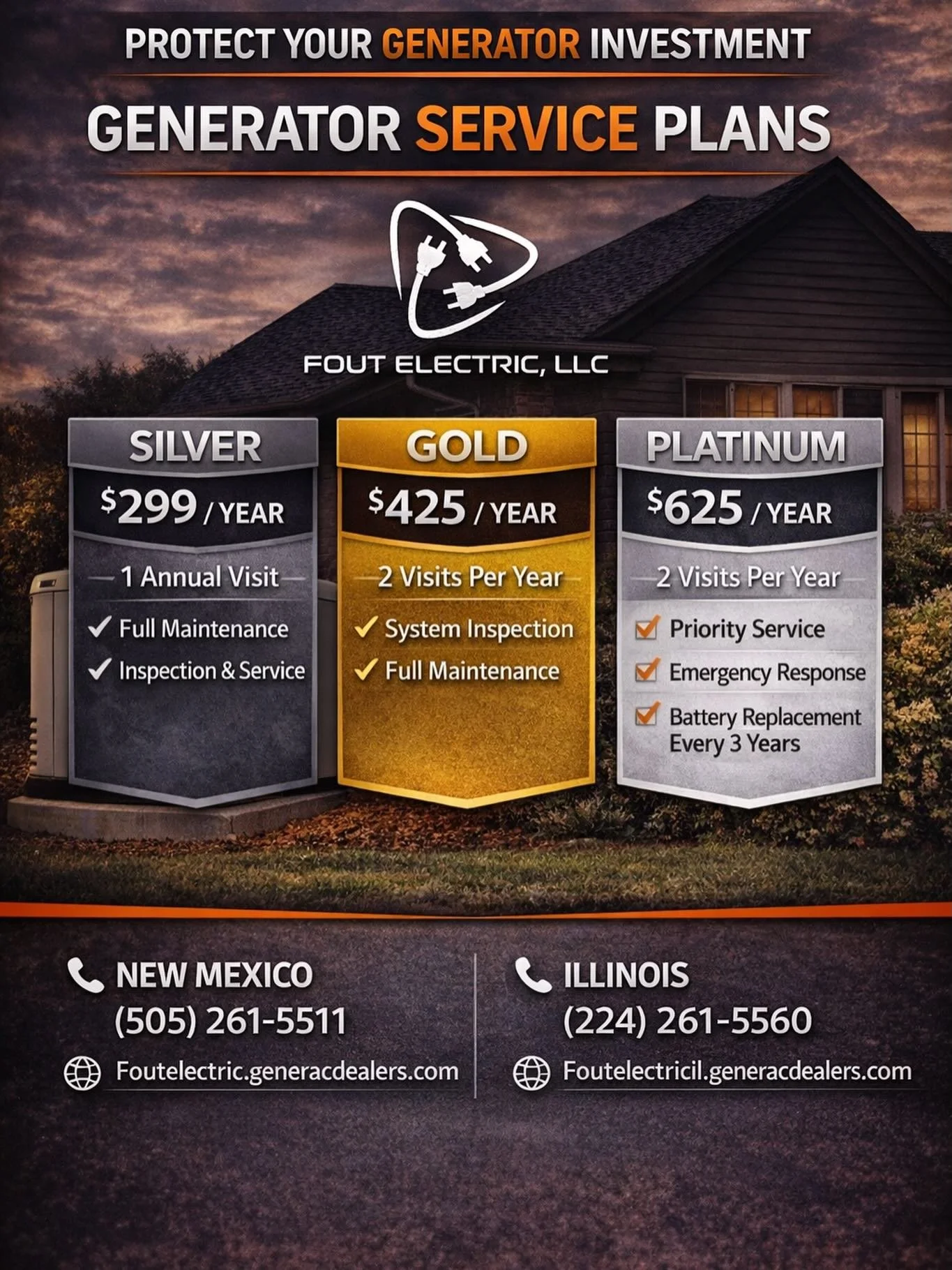 🔌 Protect Your Generator Investment

Your standby generator is there when the power goes out &mdash; make sure it&rsquo;s ready when you need it.

Fout Electric offers Generator Service Plans to keep your system operating safely and reliably year-ro