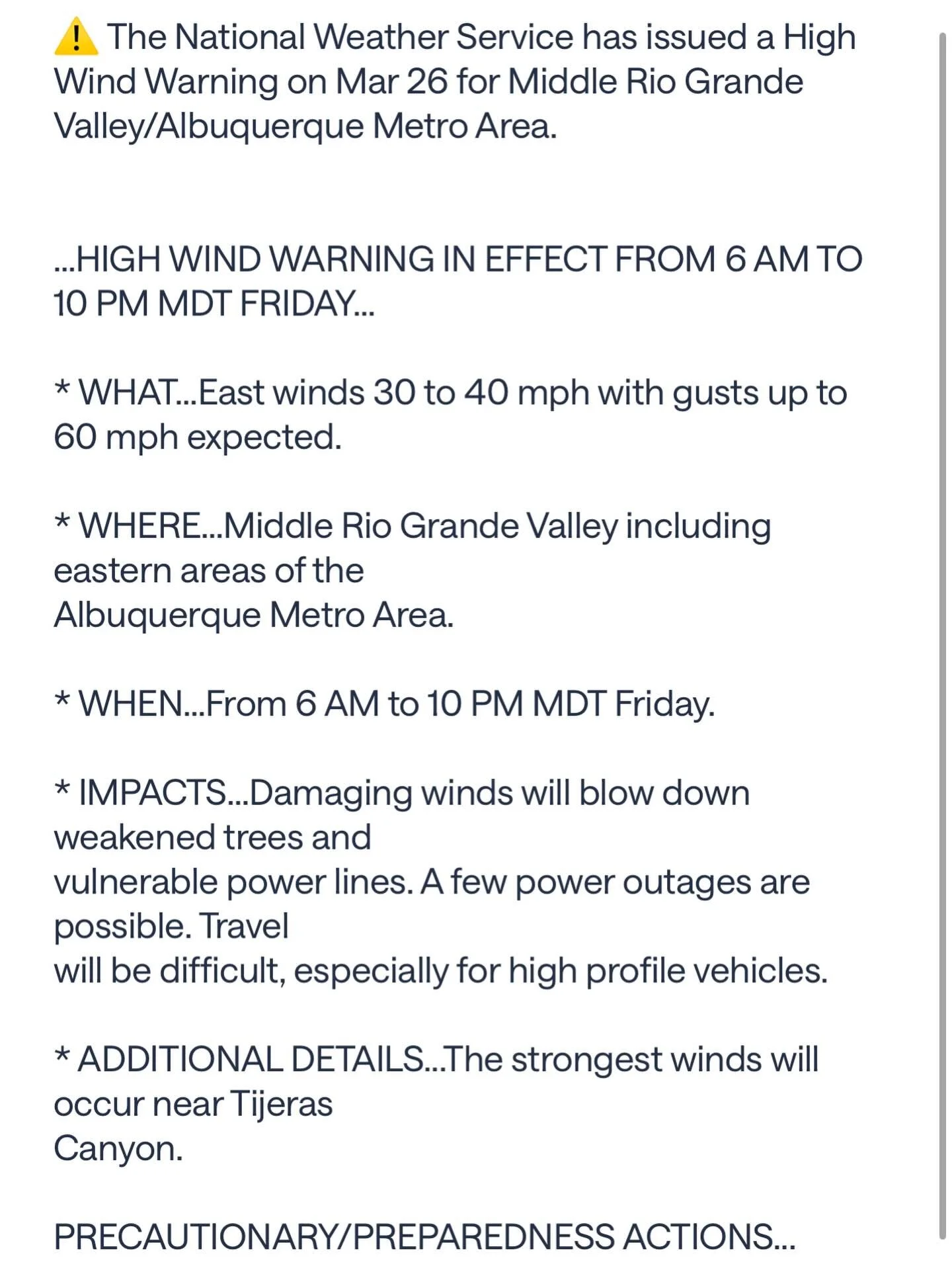 ⚠️ HIGH WIND WARNING &ndash; ALBUQUERQUE AREA ⚠️

Winds up to 60 MPH are expected across the Middle Rio Grande Valley tomorrow.

That&rsquo;s not just &ldquo;windy&rdquo;&hellip;
That&rsquo;s power outage weather.

Downed power lines.
Blown transform