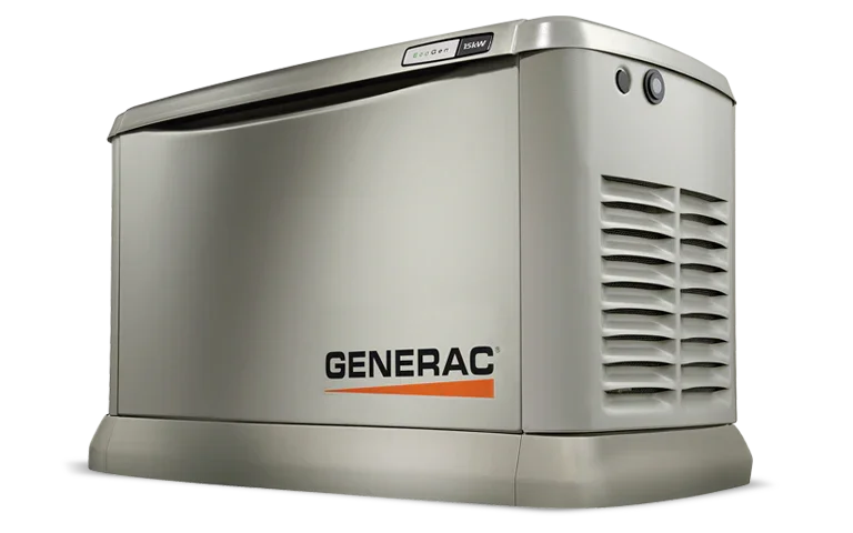 A Generac portable generator with a silver exterior and air vents on the side.
