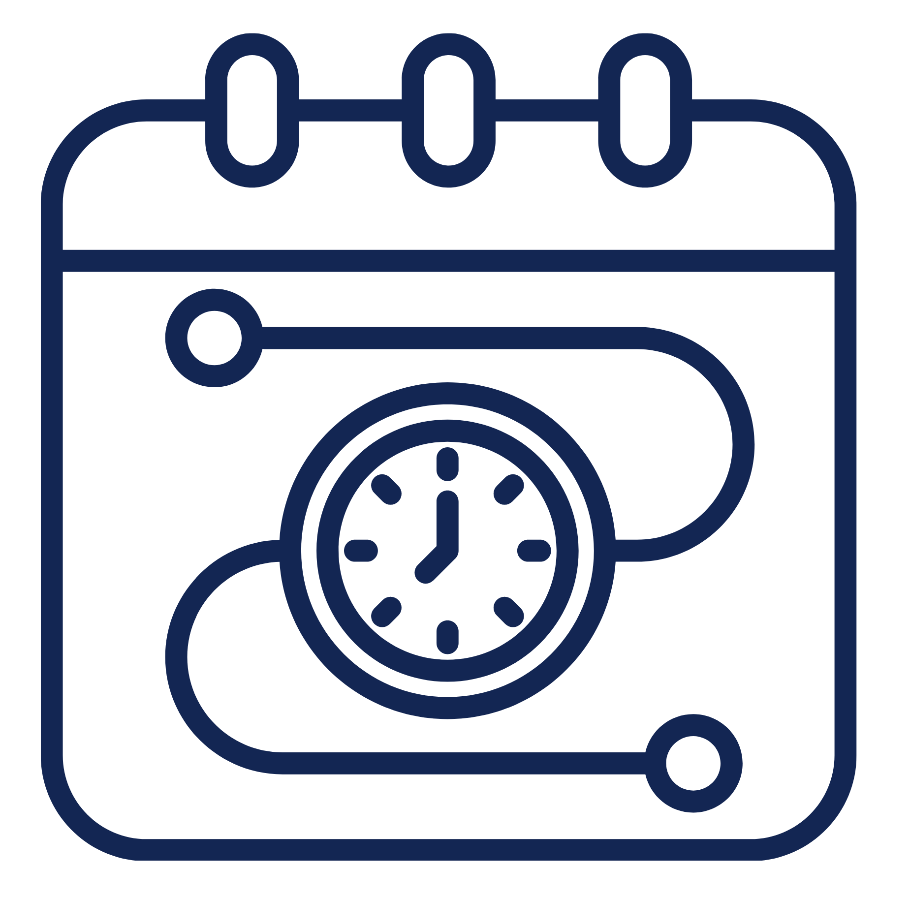 Outline icon of a calendar with a clock in the center.
