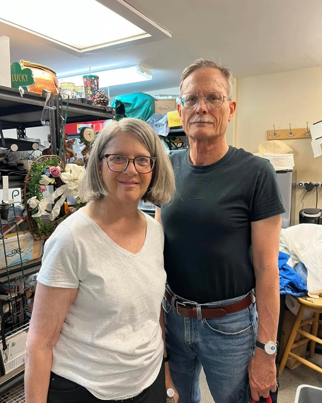 Shelley &amp; John are husband and wife volunteers at the Favarh Thrift Shop. Shelley prices housewares 2 days a week, John takes home appliances, electronics, cameras, etc. to test, research, clean and return to the store to sell or recommend for eB