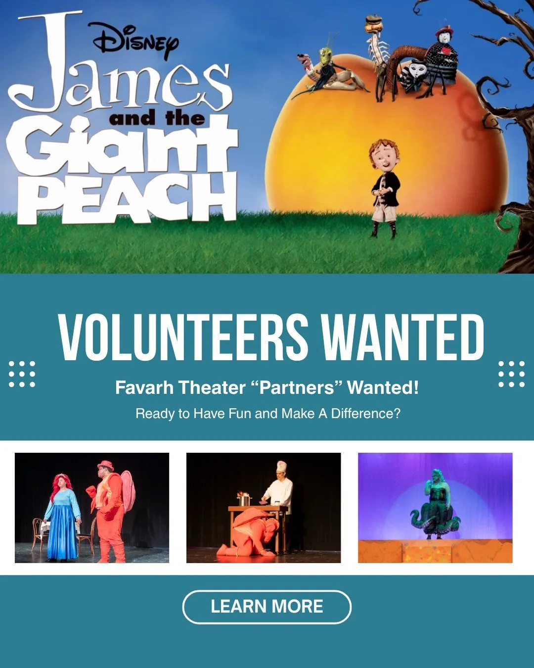 THEATER VOLUNTEERS WANTED!

Join our cast and help bring James and the Giant Peach JR. to life! Be part of our inclusive adult theater program in Canton, CT.

Weekly Rehearsals: Tuesdays, 6:00&ndash;8:30 PM
First Rehearsal: October 13
Performances: A