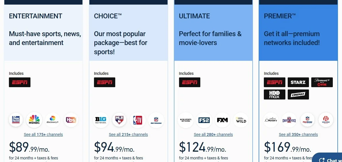 Comparison of four different TV channel packages: ENTERTAINMENT, CHOICE, ULTIMATE, and PREMIER. Each package lists included channels, a brief description, and monthly price. ENTERTAINMENT costs $89.99, CHOICE costs $94.99, ULTIMATE costs $124.99, and PREMIER costs $169.99.