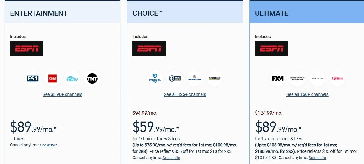 Comparison chart for streaming TV packages, including Entertainment, Choice, and Ultimate plans, each with its included channels, prices, and discounts.