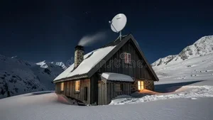 A snow-covered wooden cabin with a satellite dish on the roof surrounded by snow, mountains, and a dark evening sky.