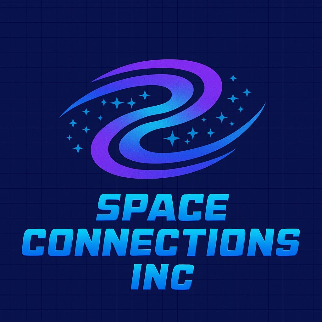 Logo for Space Connections Inc. featuring a stylized purple and blue galaxy with stars on a dark grid background.