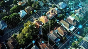 Aerial view of a neighborhood with interconnected digital network overlays