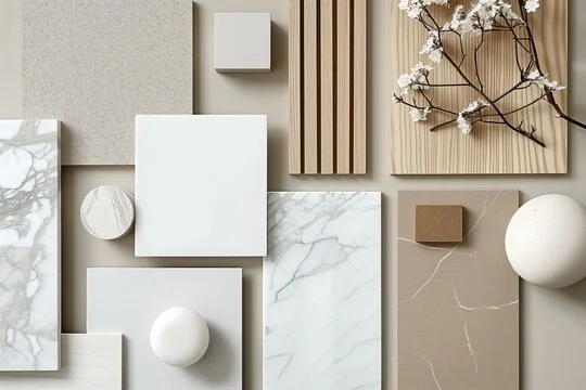 Collection of various textured and patterned tiles and slabs, including marble, wood, and solid colors, arranged on a flat surface.