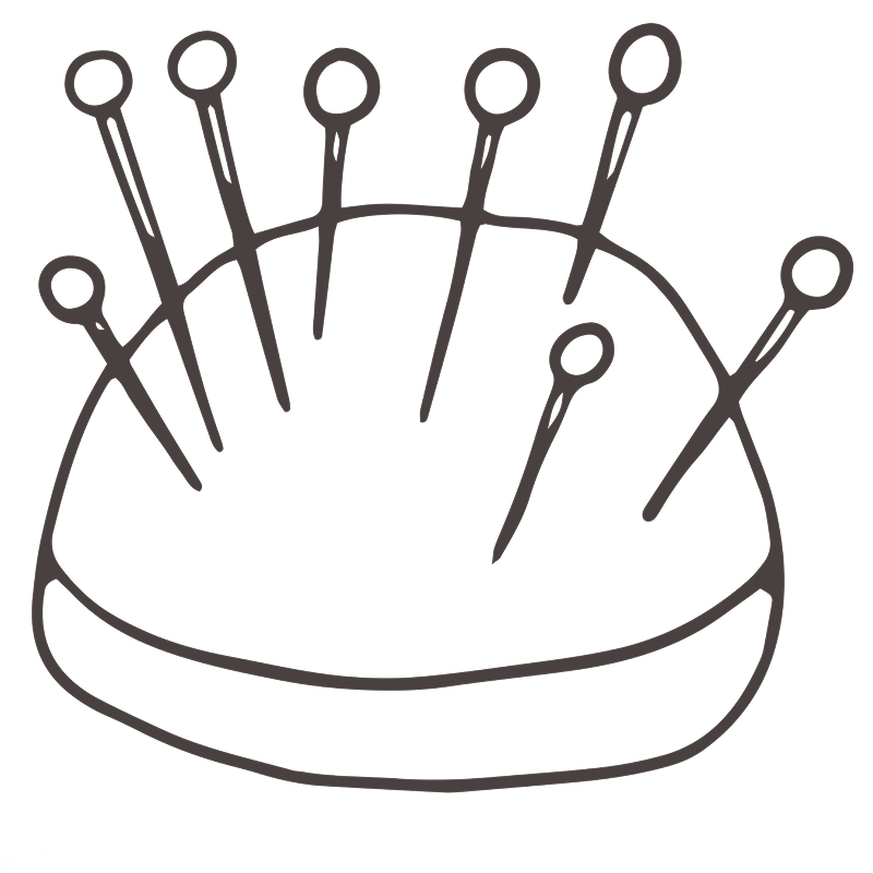 Illustrated pincushion representing sewing, clothing repair and garment alterations.