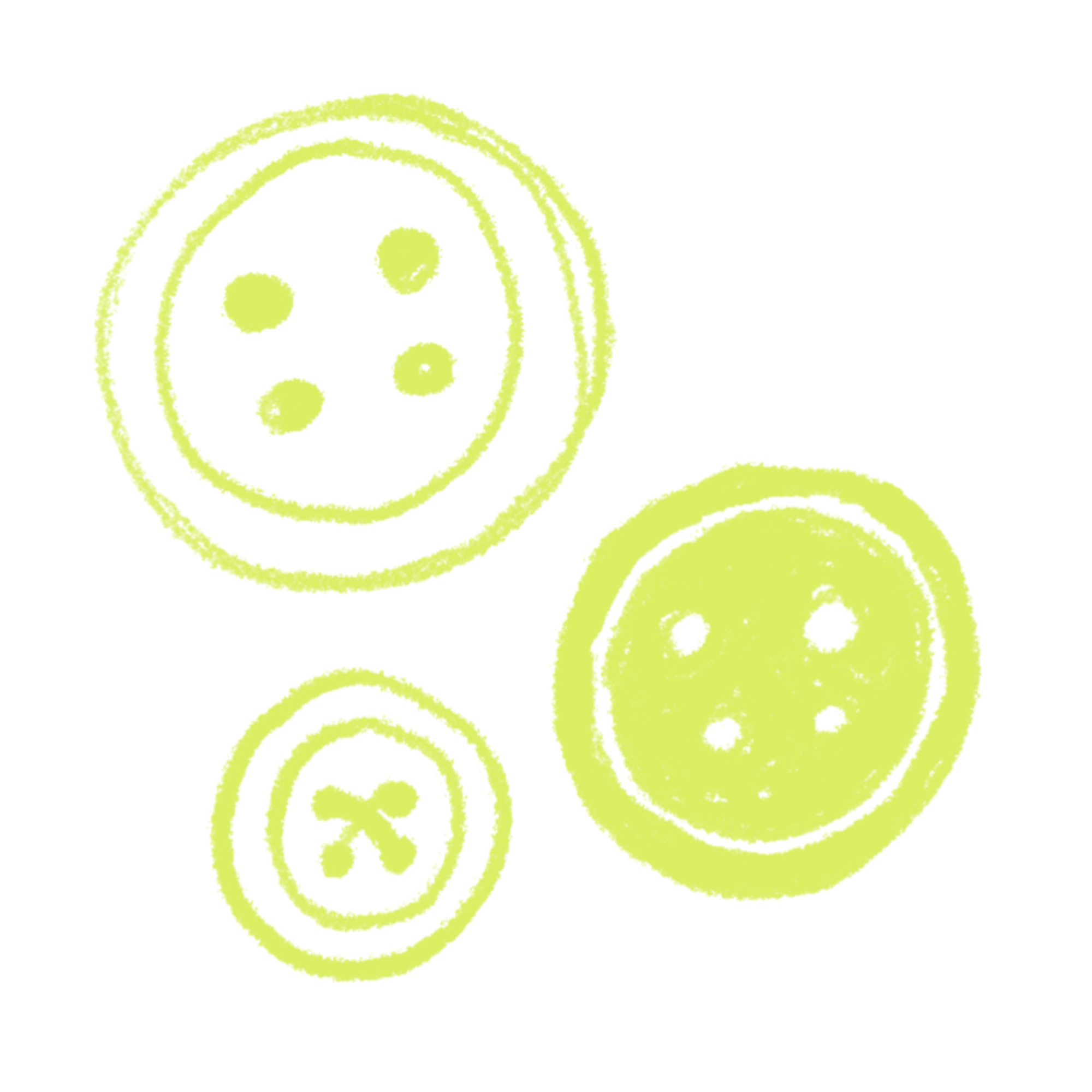 Hand-drawn button illustration representing sewing, clothing alterations and repair services.