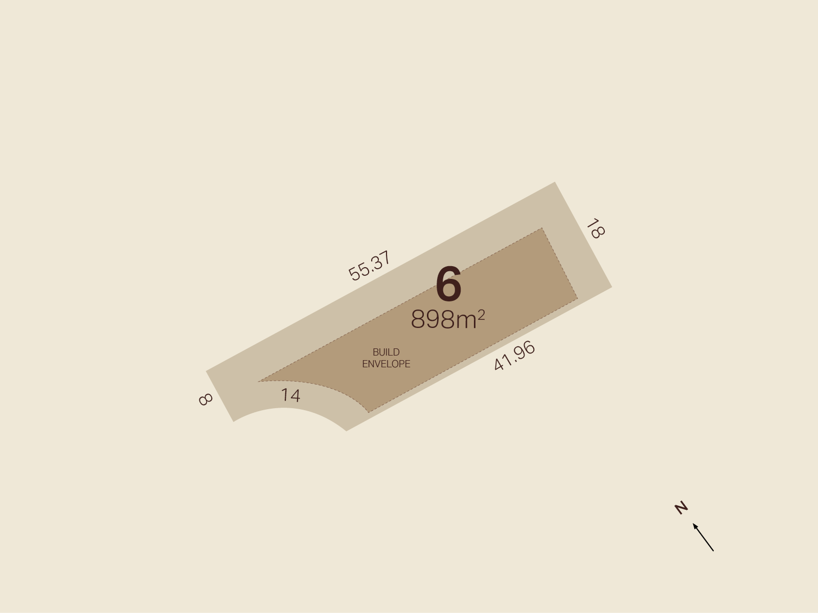 Lot 6 with 898 square meters. The plot is surrounded by a building envelope area, with the dimensions of the building envelope marked along the sides.