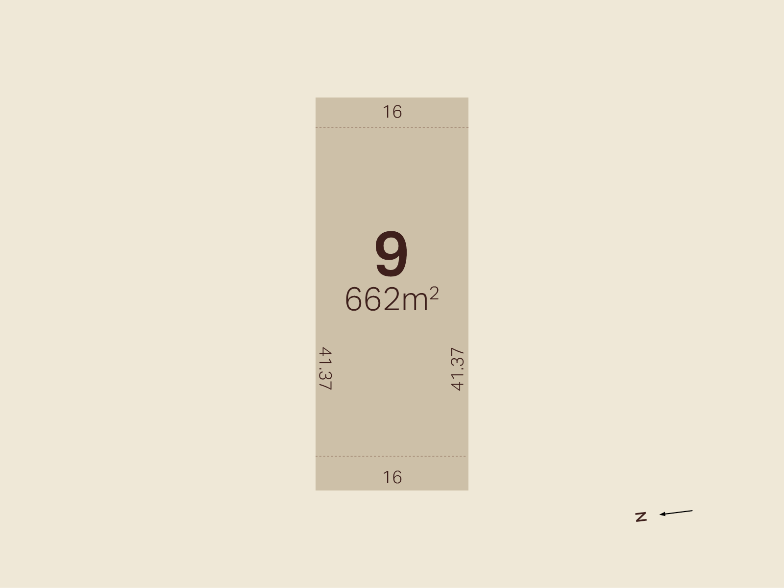 Lot '9' measures 16 meters wide by 41.37 and 41.43 meters long, with a total area of 662 square meters.