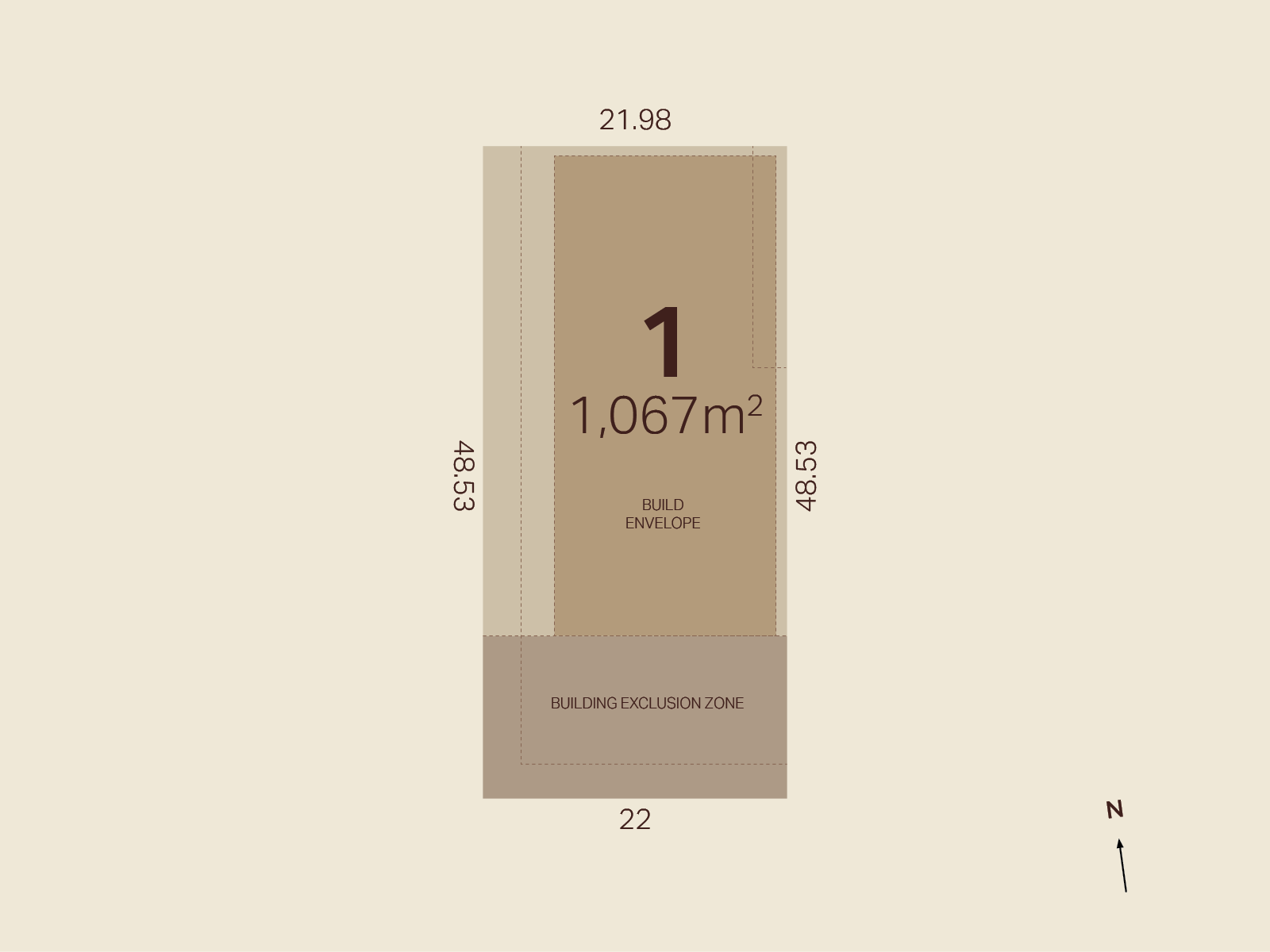 Lot 1, 22 meters wide and 48.55 meters long, total area 1067 square meters.